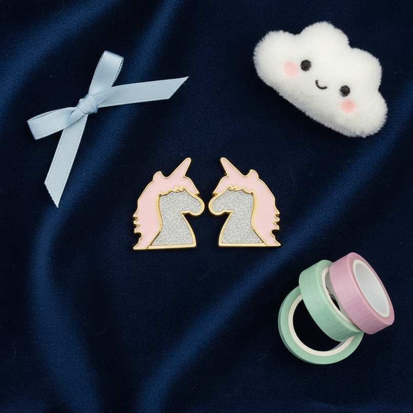 charming unicorn earrings - flat-lay