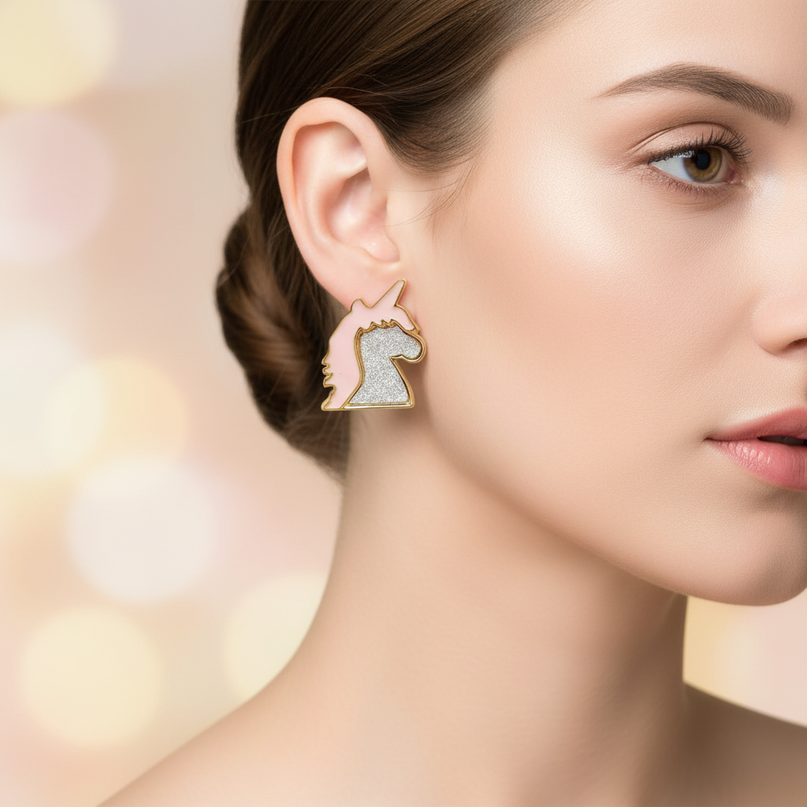 charming unicorn earrings - in-use