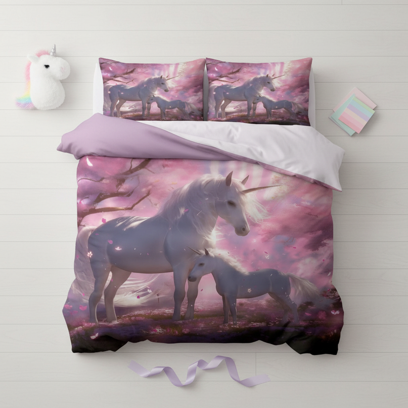 cherry blossom mare unicorn bedding - flat-lay