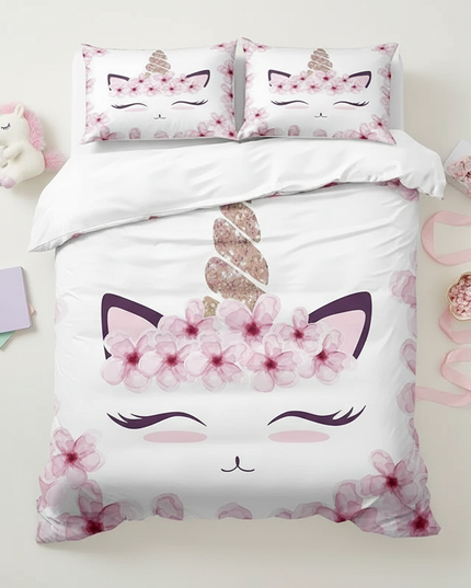 cherry blossom unicorn bedding - flat-lay