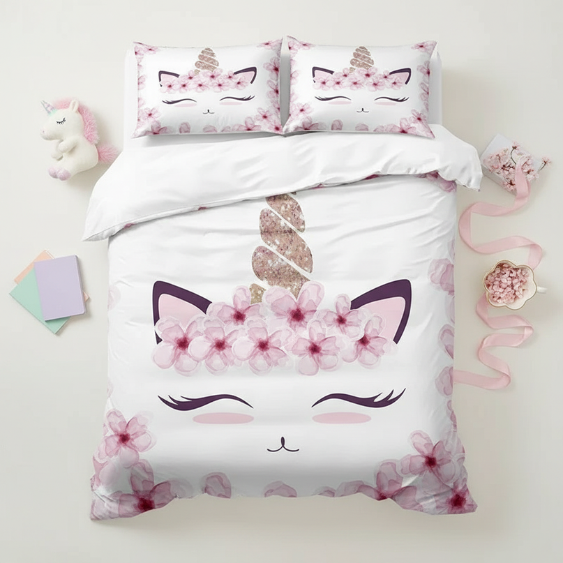 cherry blossom unicorn bedding - flat-lay