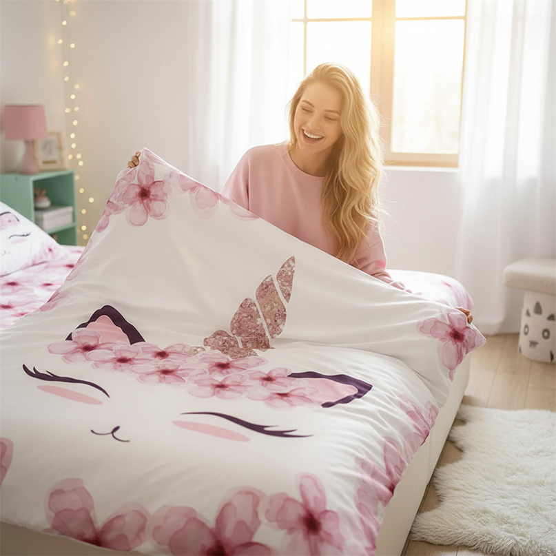 cherry blossom unicorn bedding - in-use