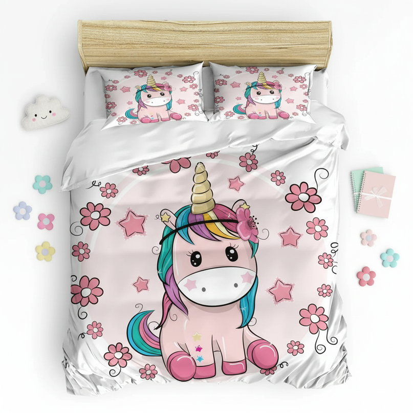 chibi flower unicorn bedding - flat-lay