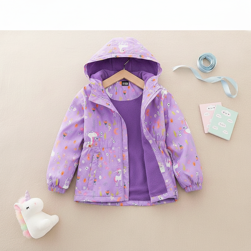 childrens unicorn coat - flat-lay