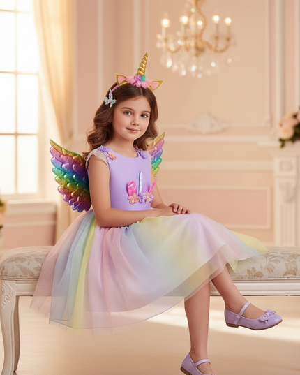 childs unicorn dress - sitting