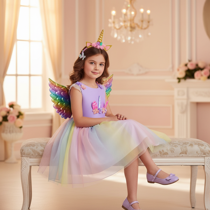 childs unicorn dress - sitting