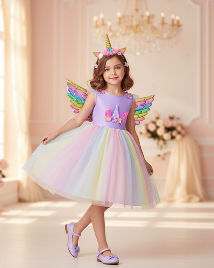 childs unicorn dress - three-quarter