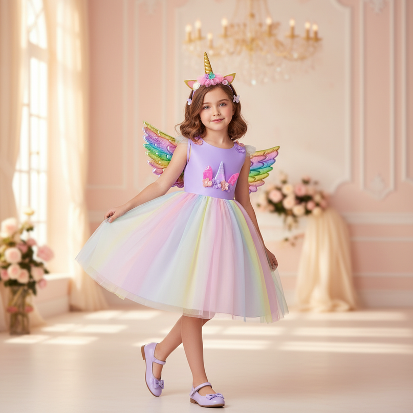 childs unicorn dress - three-quarter