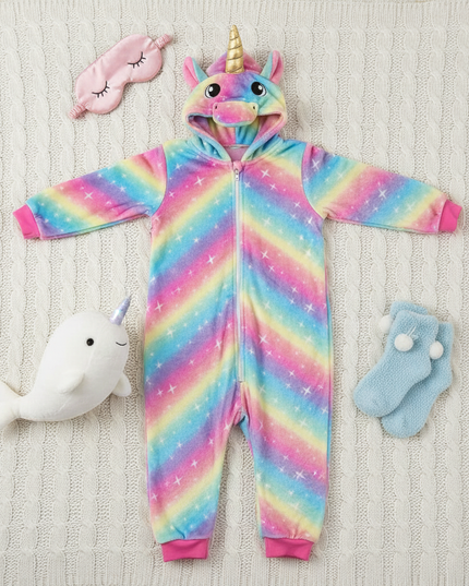 childs unicorn onesie - flat-lay