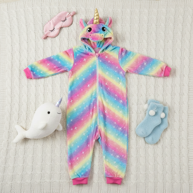 childs unicorn onesie - flat-lay