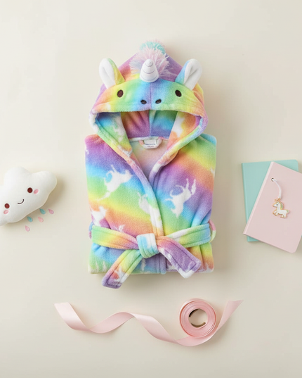 childs unicorn robe - flat-lay