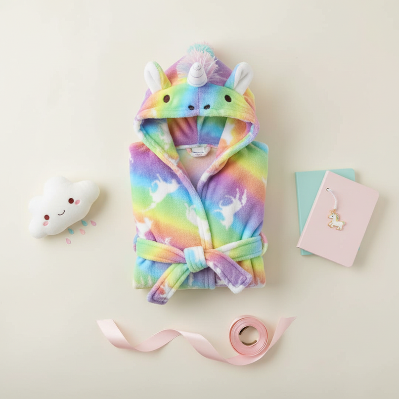 childs unicorn robe - flat-lay