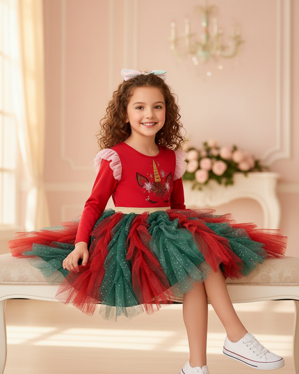 christmas unicorn tutu dress - sitting