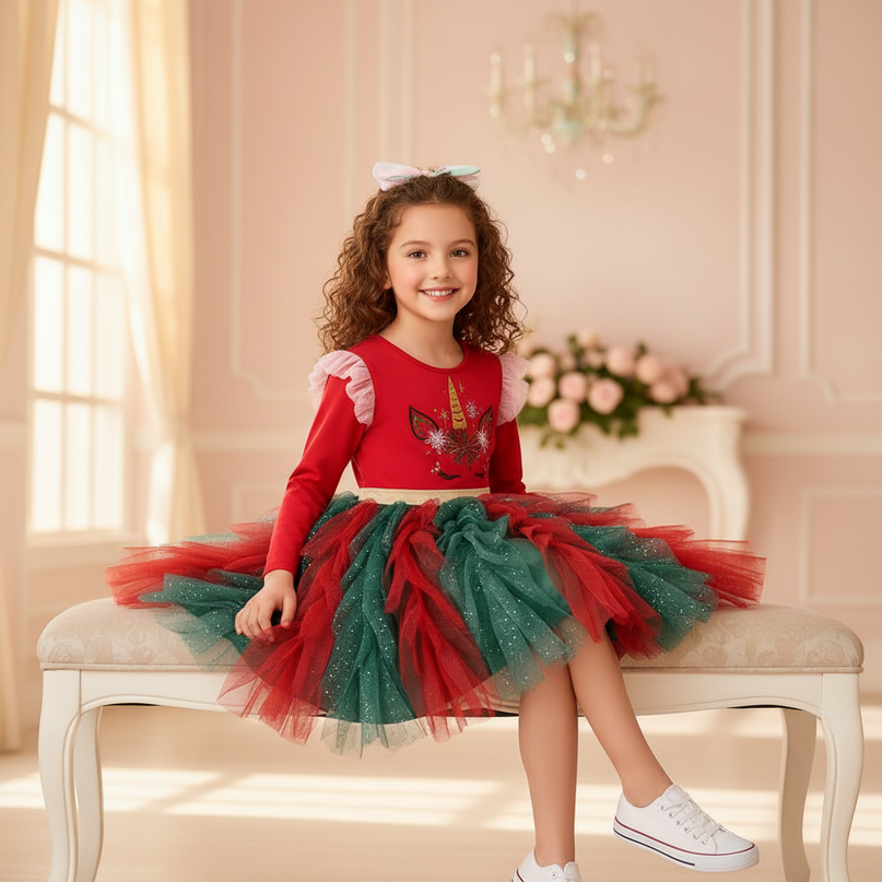christmas unicorn tutu dress - sitting
