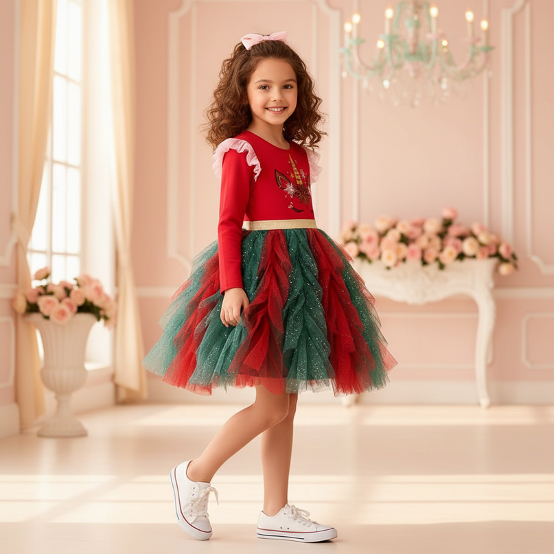 christmas unicorn tutu dress - three-quarter