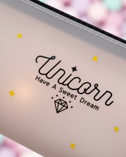 clear unicorn pencil case - detail
