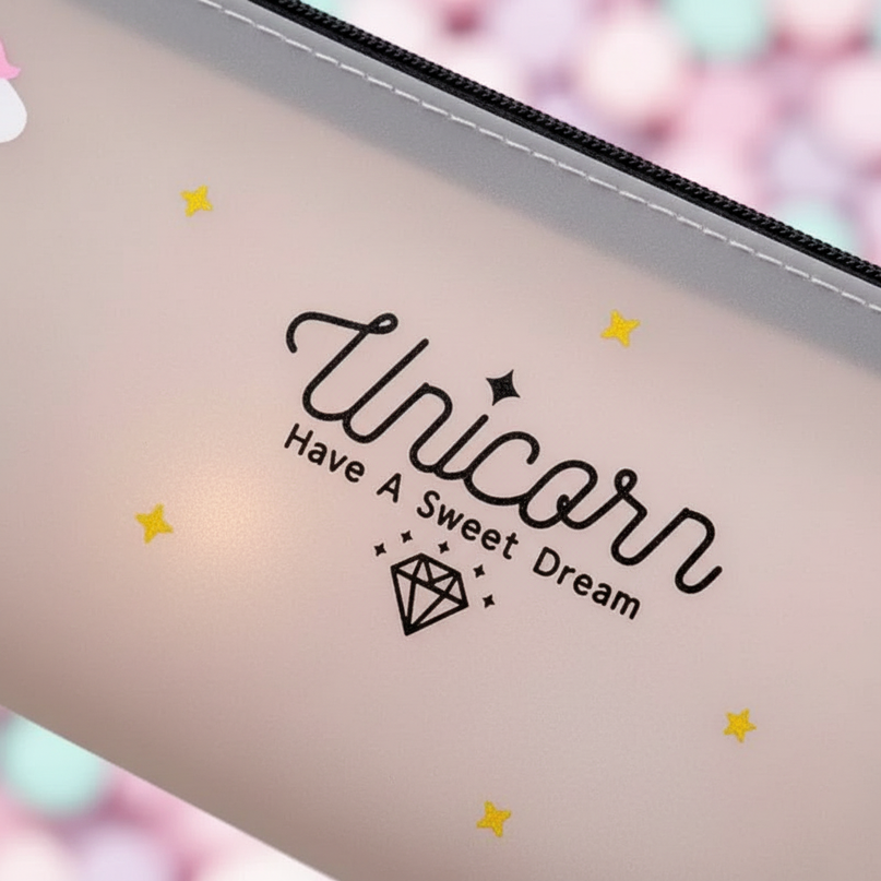 clear unicorn pencil case - detail