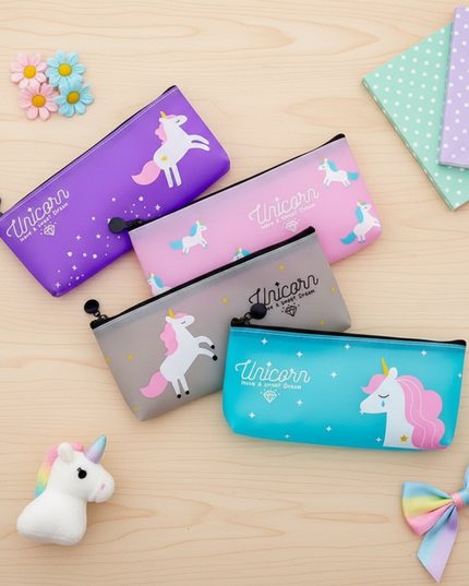 clear unicorn pencil case - flat-lay