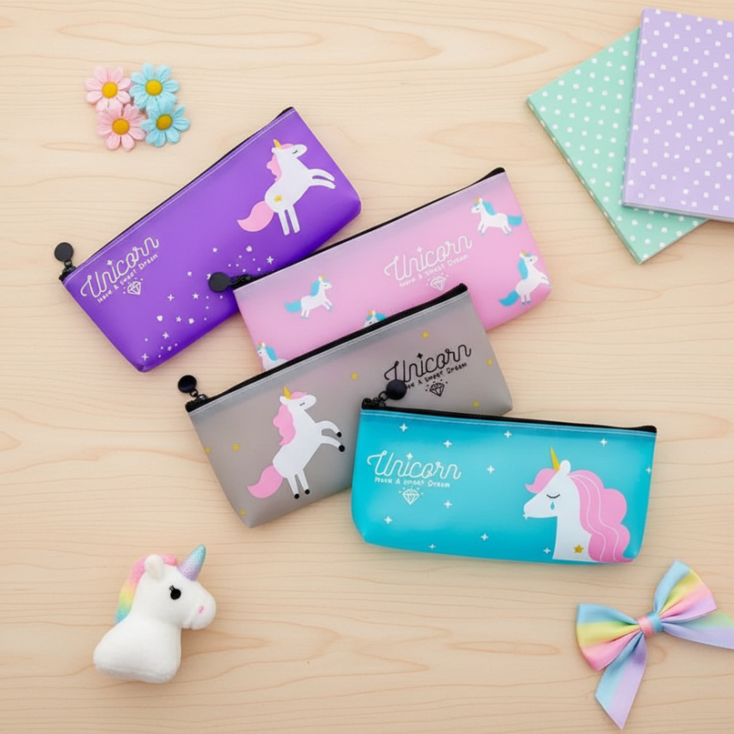 clear unicorn pencil case - flat-lay