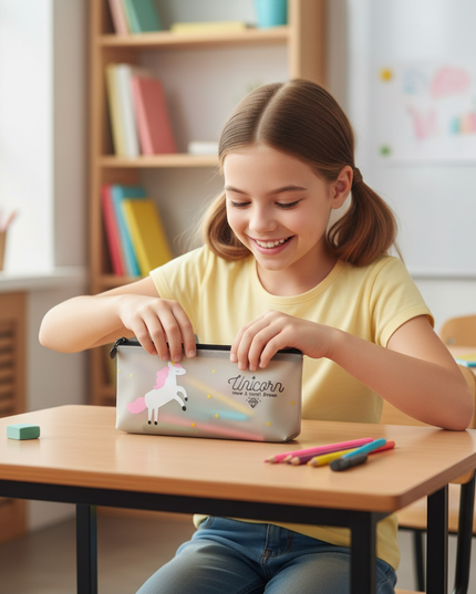clear unicorn pencil case - in-use