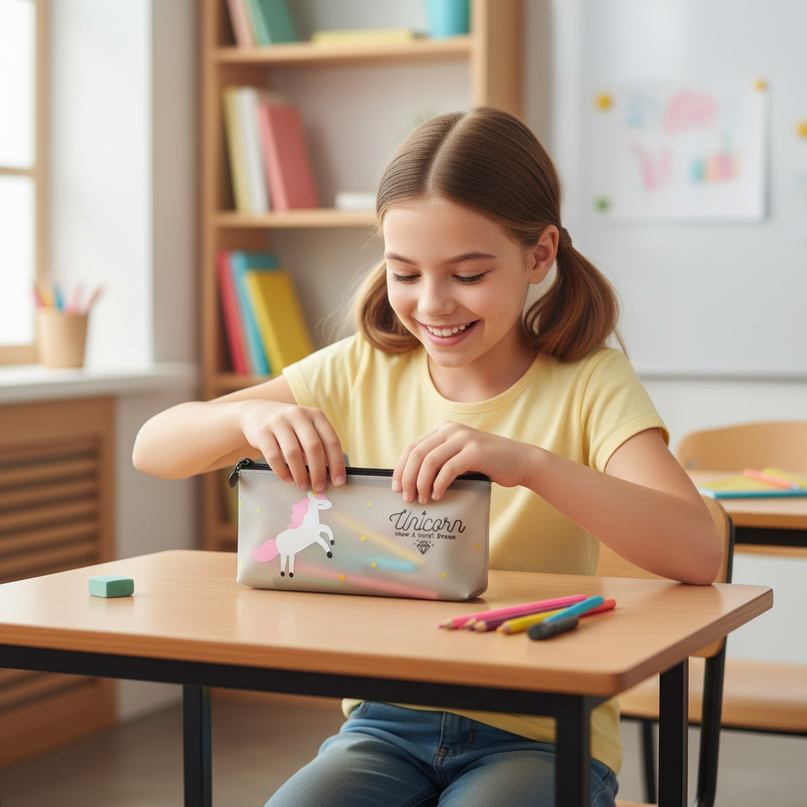 clear unicorn pencil case - in-use