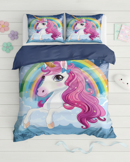 cloud rainbow pink mane unicorn bedding - flat-lay