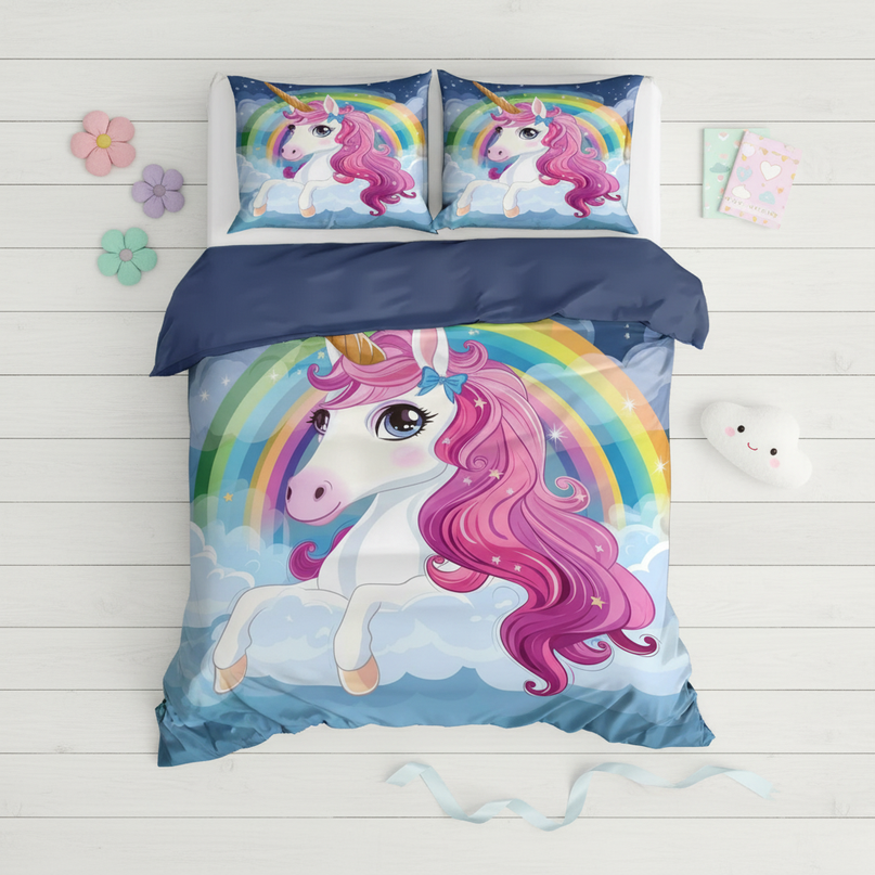cloud rainbow pink mane unicorn bedding - flat-lay