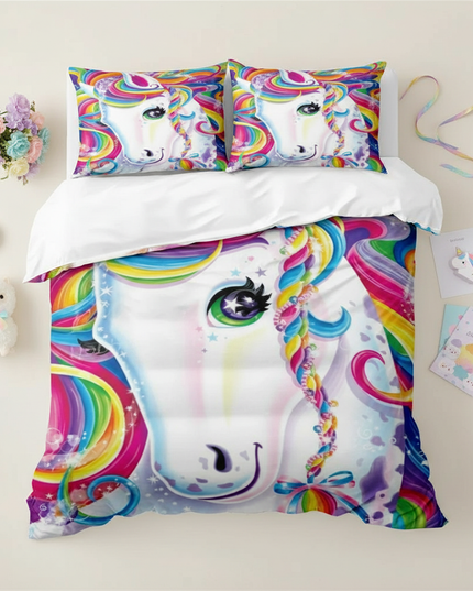 colorful braided bow unicorn bedding - flat-lay