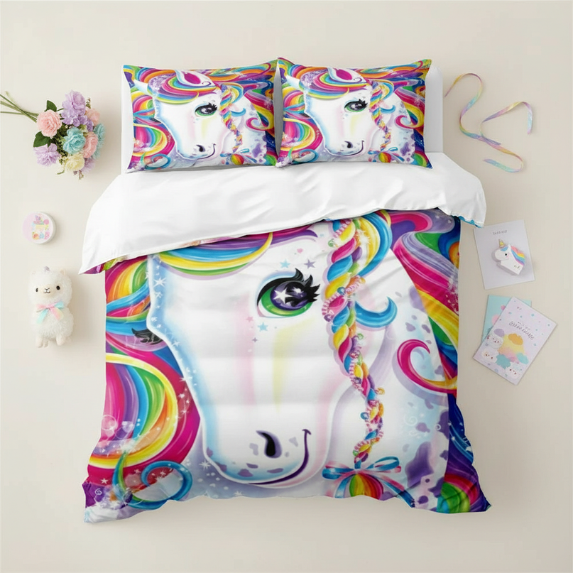 colorful braided bow unicorn bedding - flat-lay