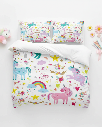 colorful magic allover unicorn bedding - flat-lay