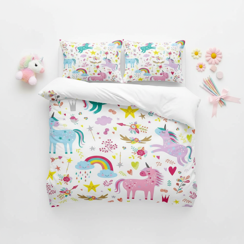 colorful magic allover unicorn bedding - flat-lay