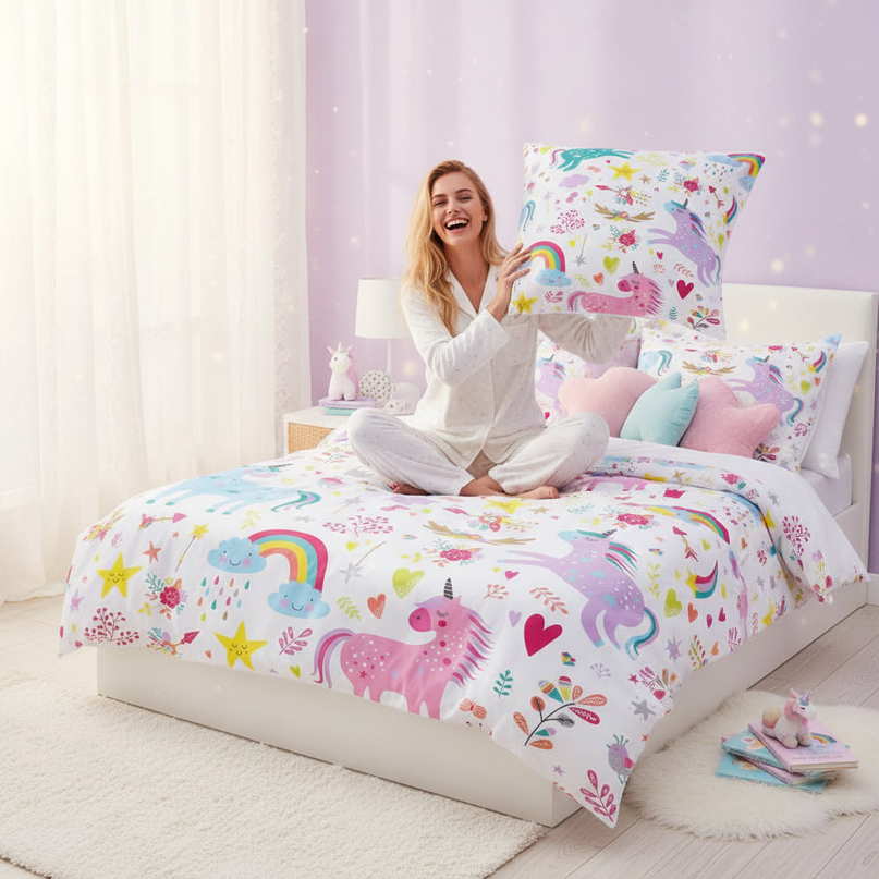 colorful magic allover unicorn bedding - in-use