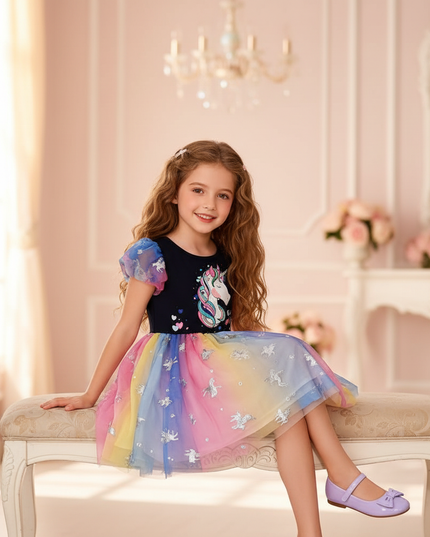 colorful rainbow unicorn dress - sitting