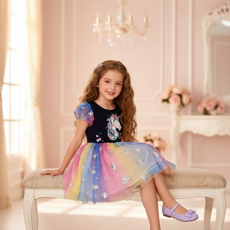 colorful rainbow unicorn dress - sitting