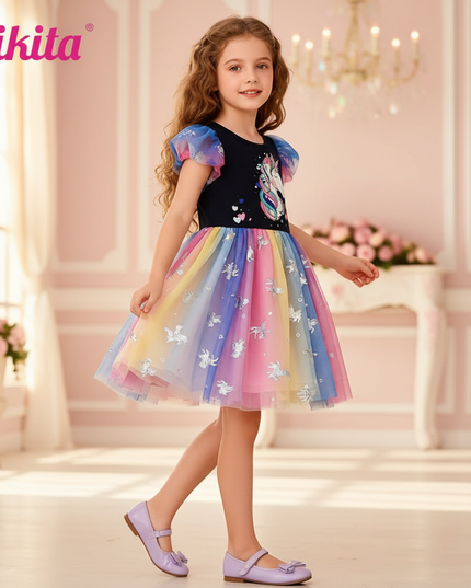 colorful rainbow unicorn dress - three-quarter