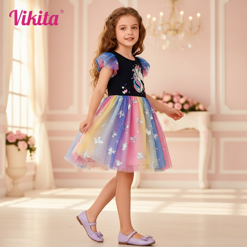 colorful rainbow unicorn dress - three-quarter