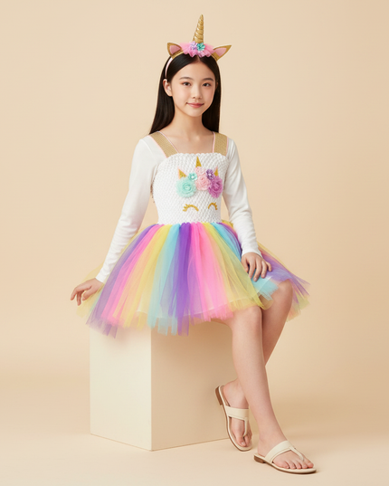colorful sequin unicorn dress - sitting
