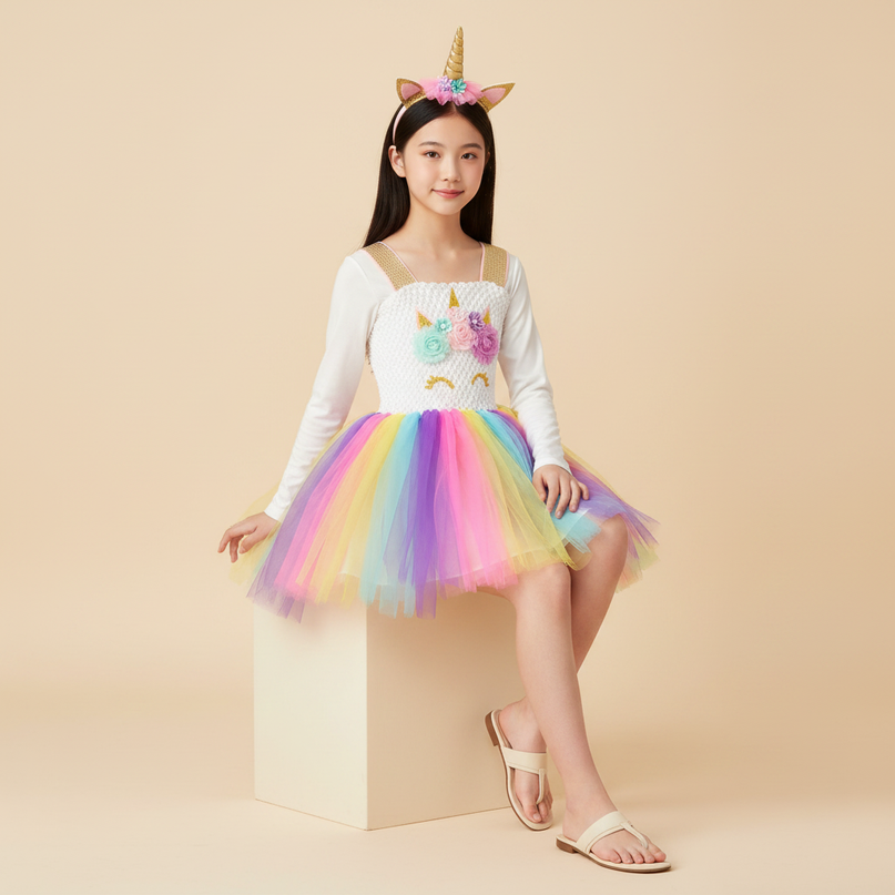 colorful sequin unicorn dress - sitting