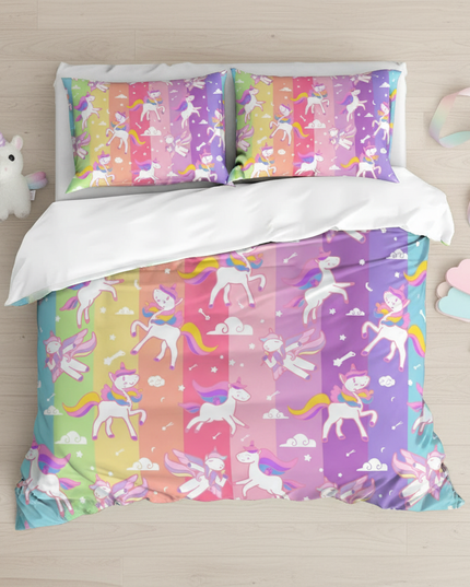 colorful stripe pattern unicorn bedding - flat-lay
