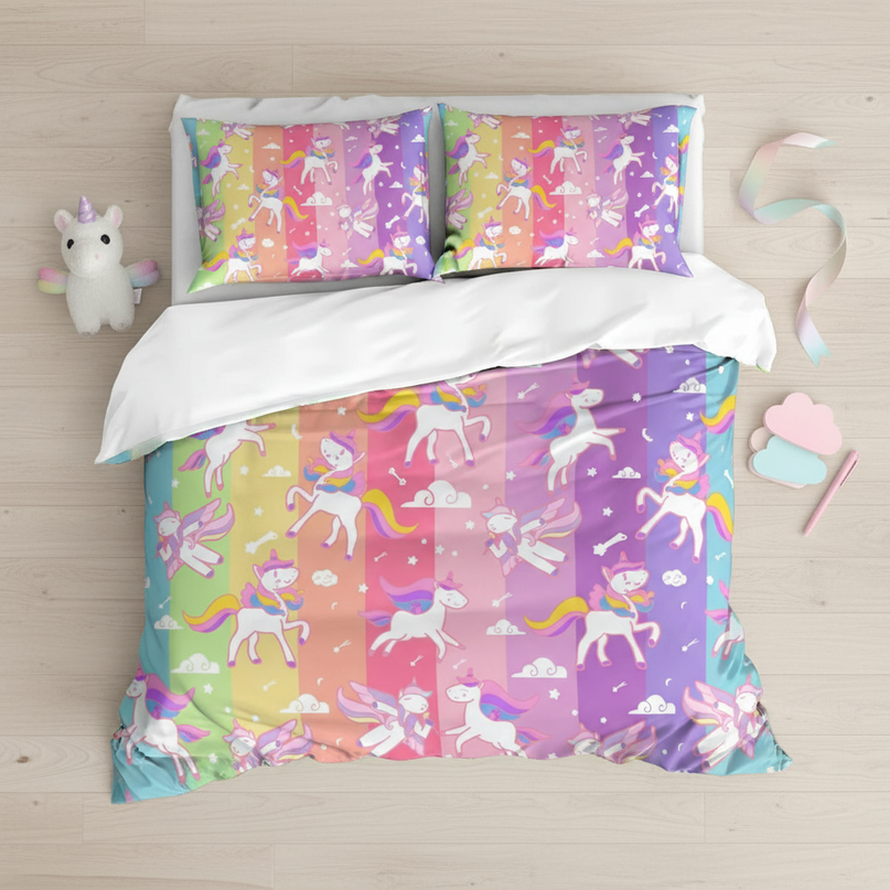 colorful stripe pattern unicorn bedding - flat-lay