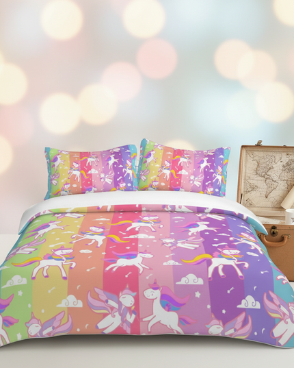 colorful stripe pattern unicorn bedding - lifestyle