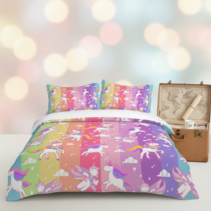 colorful stripe pattern unicorn bedding - lifestyle