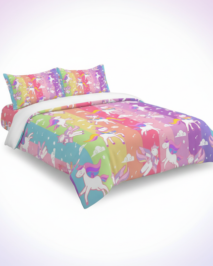 colorful stripe pattern unicorn bedding - white-bg
