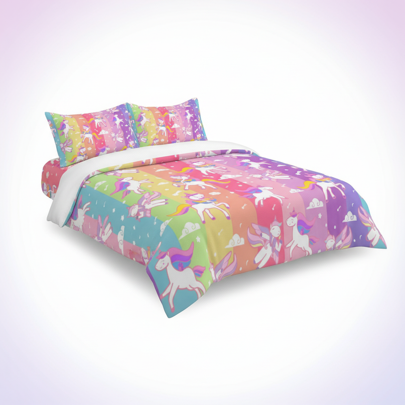 colorful stripe pattern unicorn bedding - white-bg