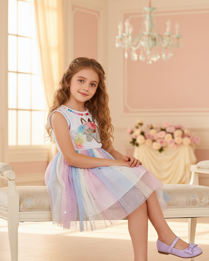 colorful unicorn applique tulle dress - sitting
