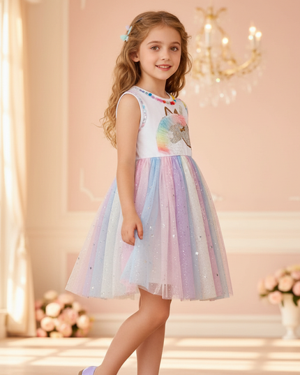 colorful unicorn applique tulle dress - three-quarter