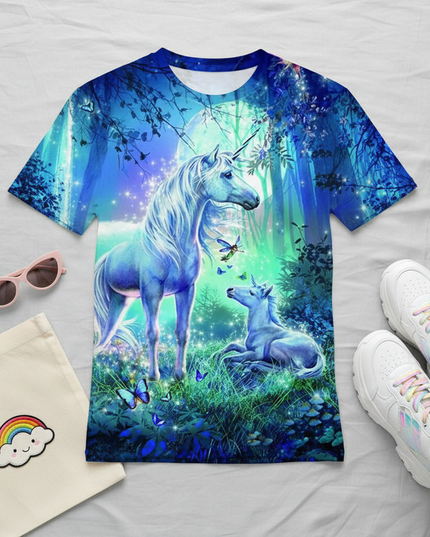 colorful unicorn art shirt - flat-lay