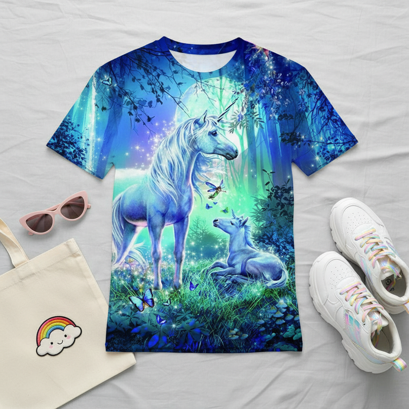 colorful unicorn art shirt - flat-lay