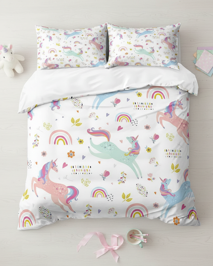 colorful unicorn bedding - flat-lay