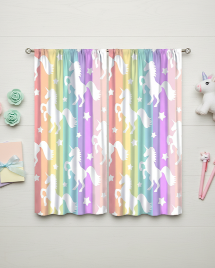 colorful unicorn curtains - flat-lay